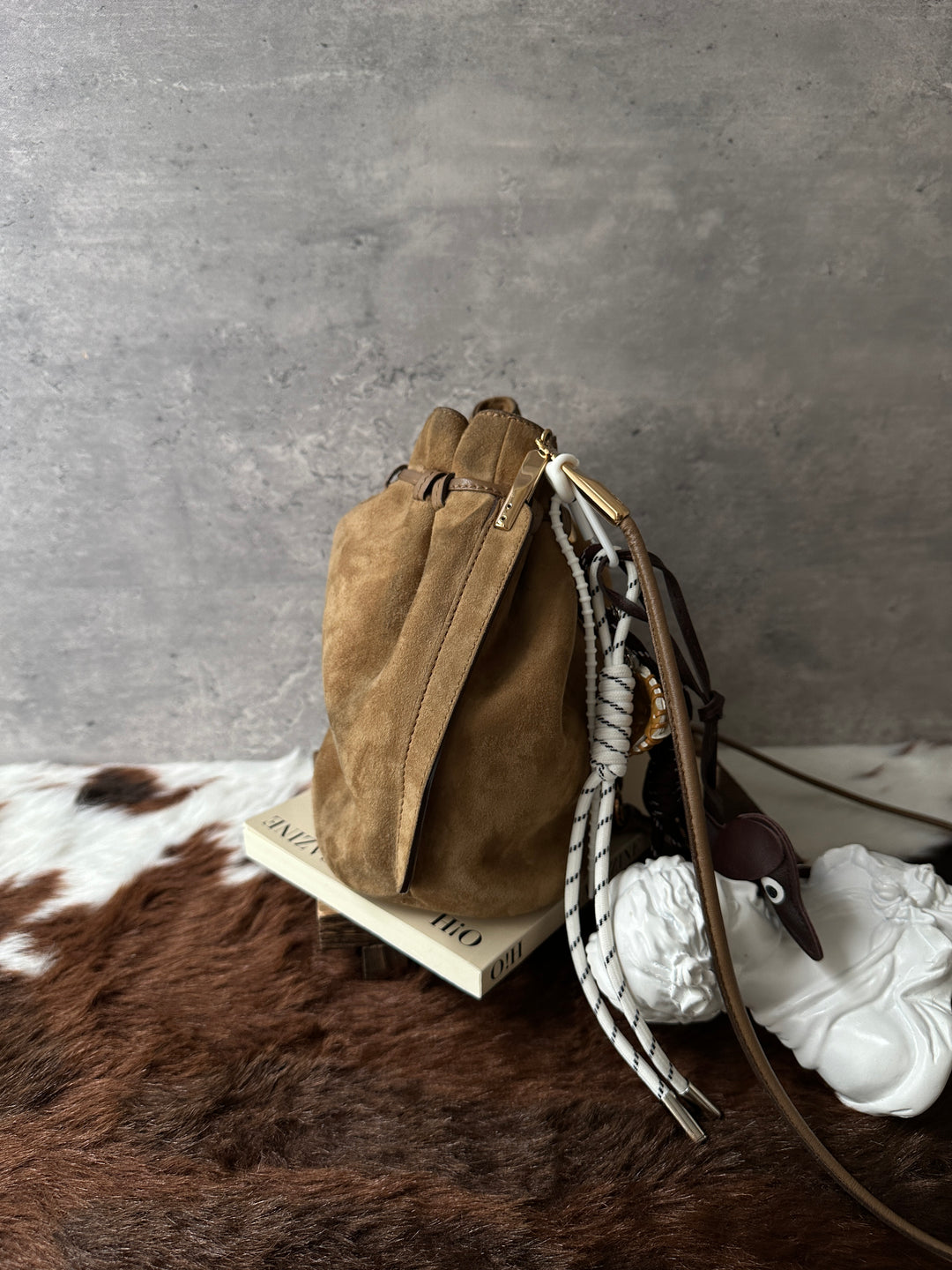 Ferragamo Suede Bucket Bag 🤎｜Rich Caramel Suede × Elegant Gold Hardware × Relaxed Drawstring Silhouette