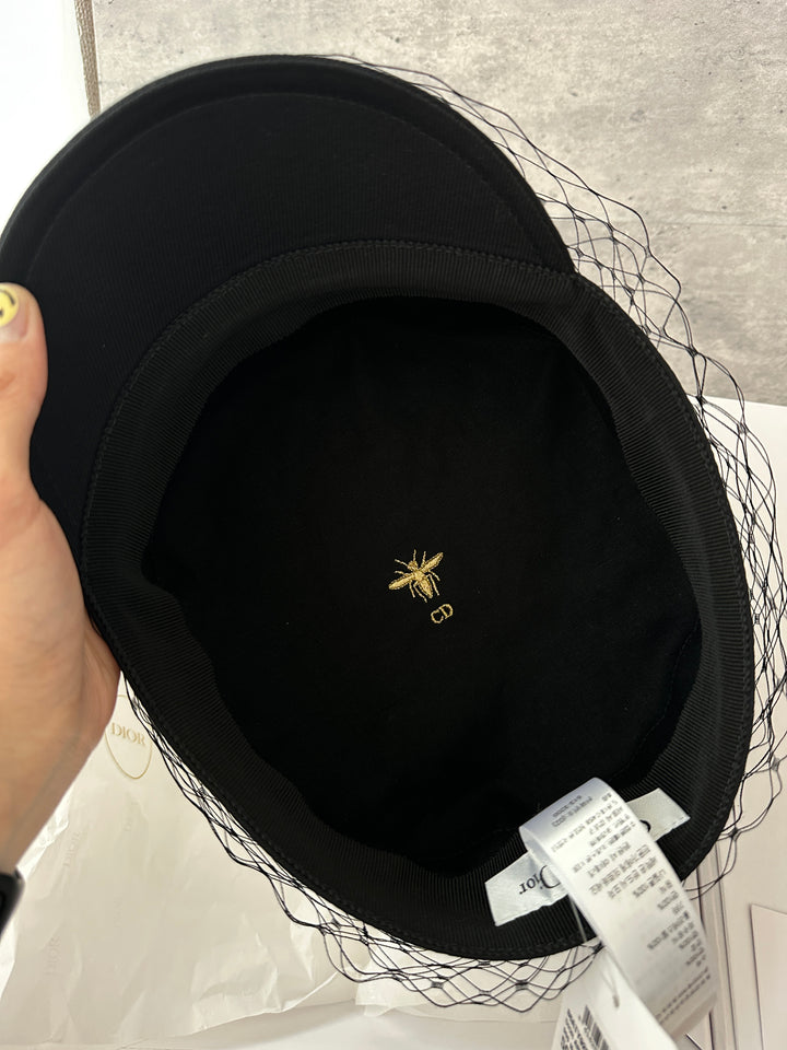 DIOR Black Veil Beret with Gold Logo ✨｜Elegant Unused Collector’s Piece