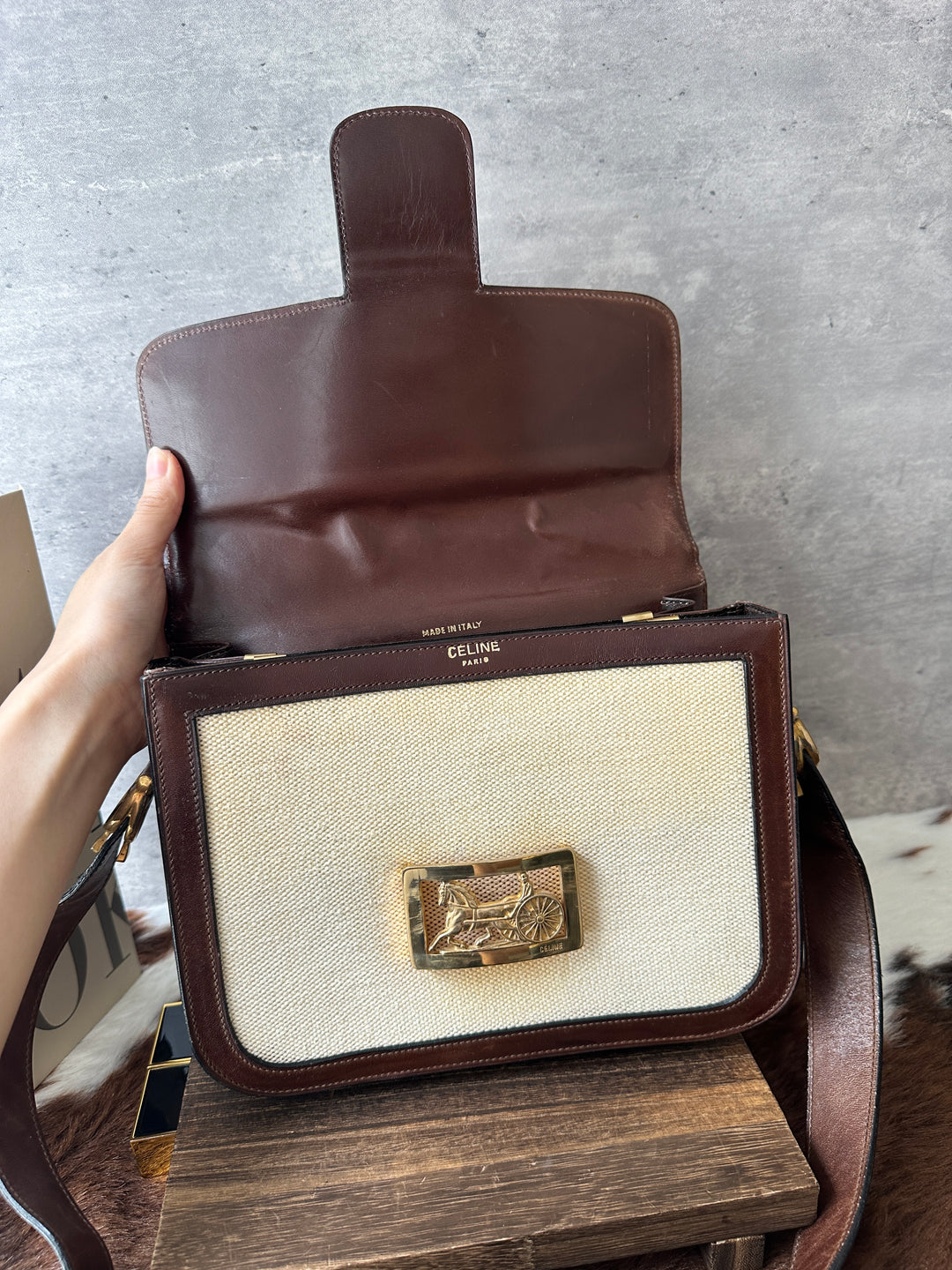 CELINE Horse Carriage Box Bag 🤎｜Cream Canvas × Caramel Leather × Convertible Carry