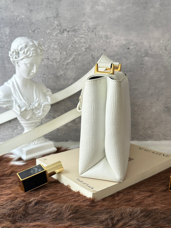 Ferragamo Lizard-Embossed Box Crossbody Bag 🤍｜Cream White × Gancini Hardware × Full Set