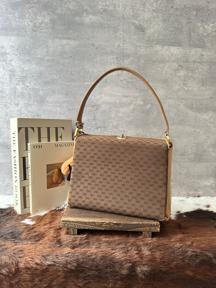 GUCCI Mini GG Canvas Box Shoulder Bag 🤎｜Monogram Canvas｜Caramel Leather｜Turn-Lock Closure
