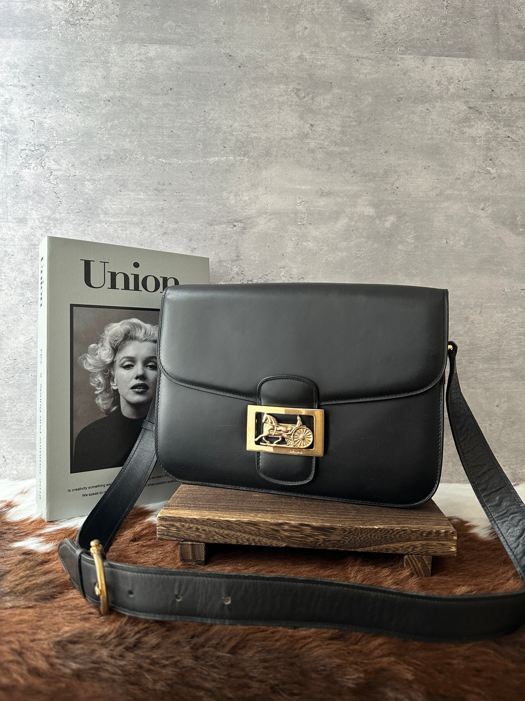 CELINE Horse Carriage Box Shoulder Bag 🖤｜Black Leather × Gold-Tone Clasp × Adjustable Strap