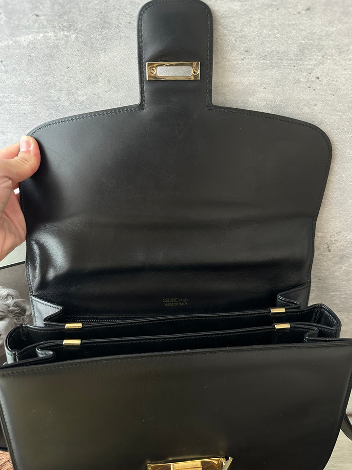 CELINE Horse Carriage Box Shoulder Bag 🖤｜Black Leather × Gold-Tone Clasp × Adjustable Strap