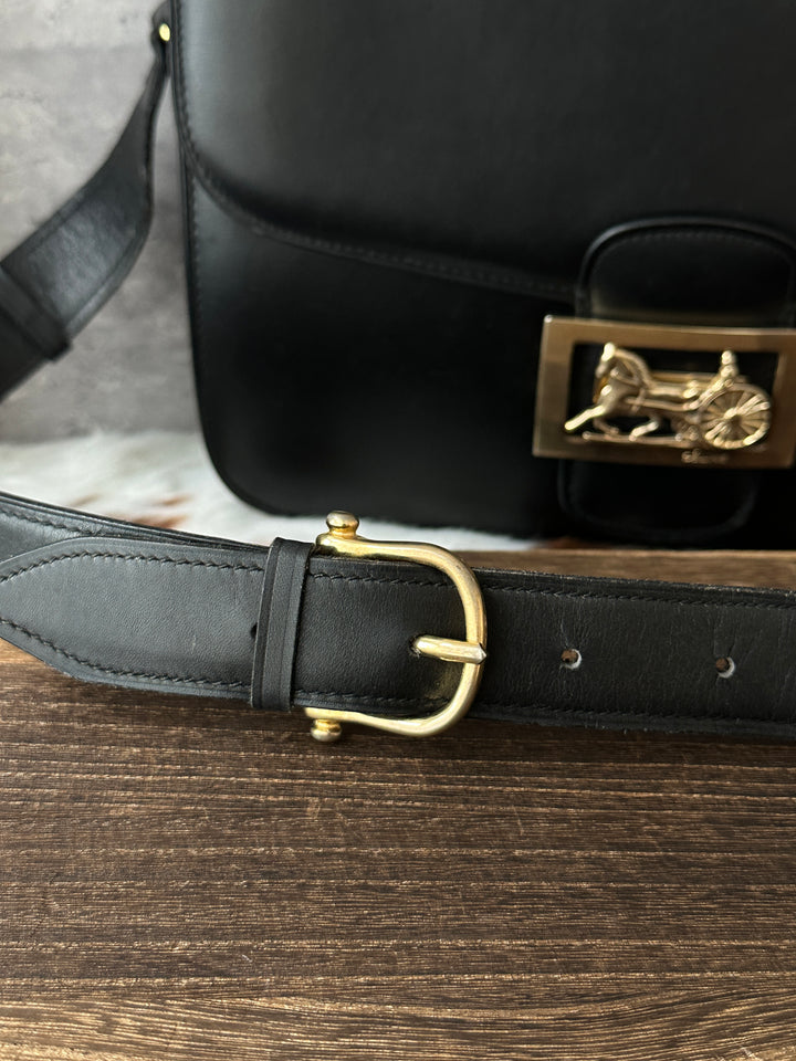 CELINE Horse Carriage Box Shoulder Bag 🖤｜Black Leather × Gold-Tone Clasp × Adjustable Strap