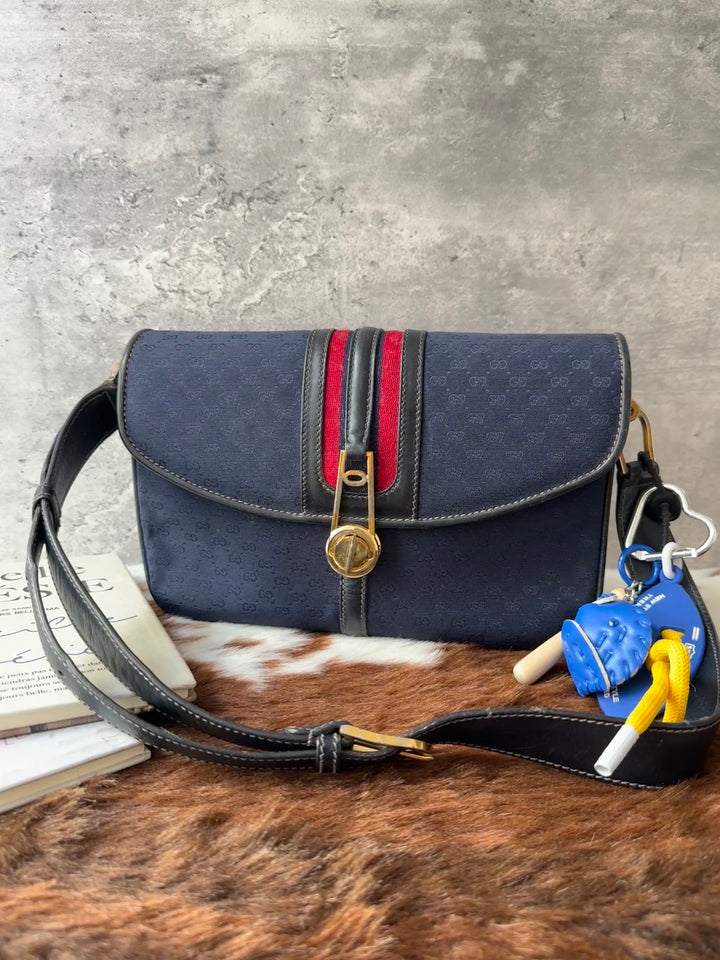 Gucci Micro GG Canvas Crossbody Bag ❤️💙｜Micro GG Canvas｜Web Stripe Accent｜Vintage Turn Lock