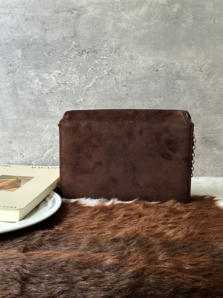 Gucci Chocolate Suede Chain Bag 🤎｜Rare 1980s Piece｜Openwork Double Ball Clasp｜Elegant Suede Finish