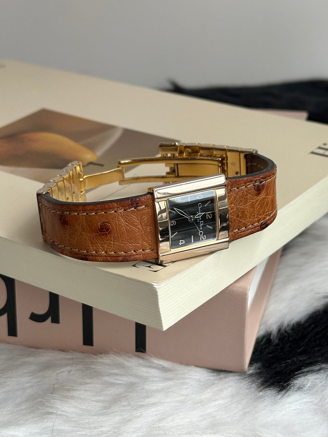 DIOR Ostrich Leather Watch 🤎｜Rare Ostrich Leather × Rectangular Black Dial × Gold-Tone Finish