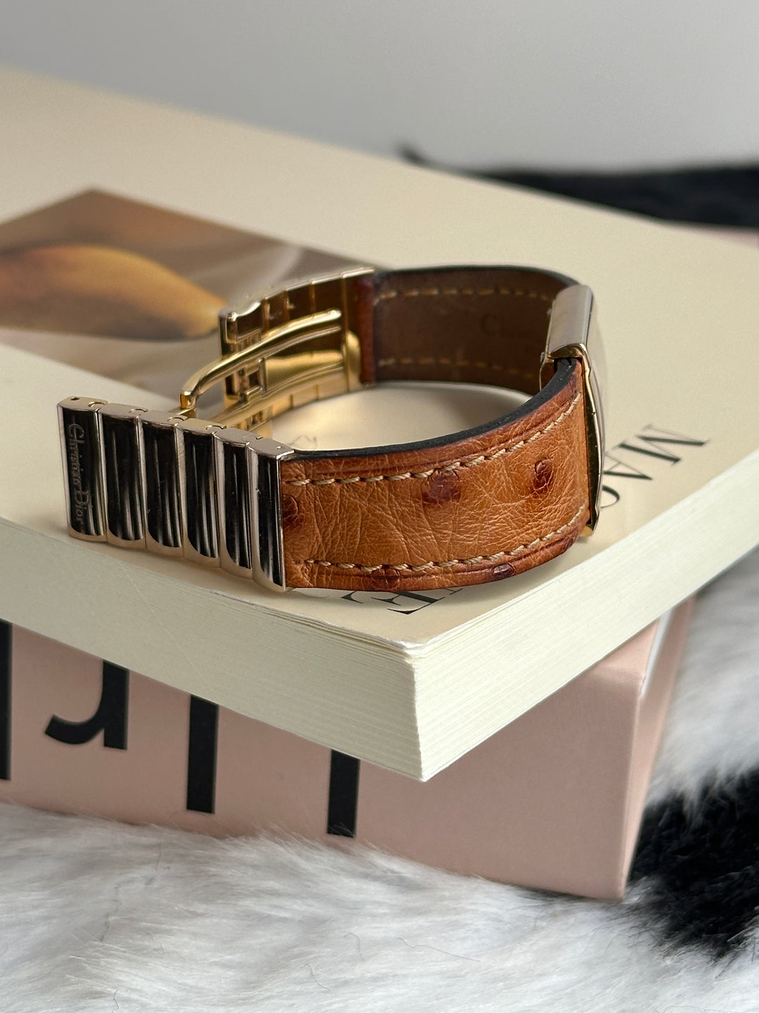 DIOR Ostrich Leather Watch 🤎｜Rare Ostrich Leather × Rectangular Black Dial × Gold-Tone Finish