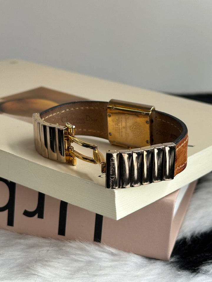 DIOR Ostrich Leather Watch 🤎｜Rare Ostrich Leather × Rectangular Black Dial × Gold-Tone Finish