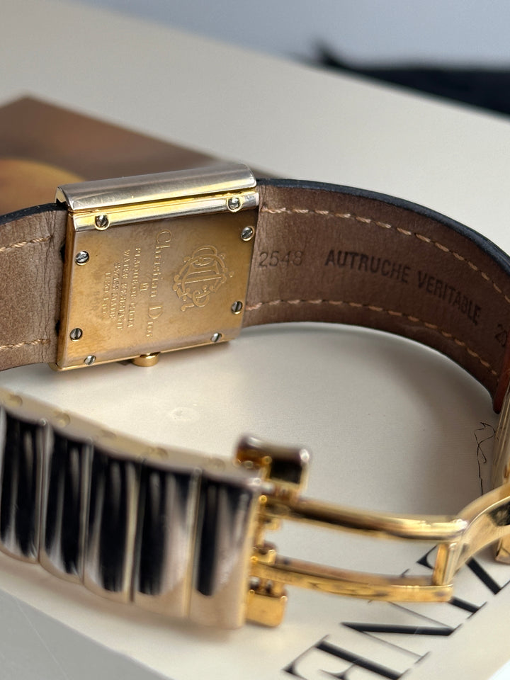 DIOR Ostrich Leather Watch 🤎｜Rare Ostrich Leather × Rectangular Black Dial × Gold-Tone Finish