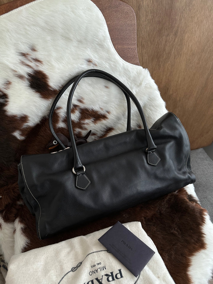 Prada Double Flap Leather Baguette Bag ✨🖤｜Double Flap Design × Supple Calf Leather × Full Set Edition