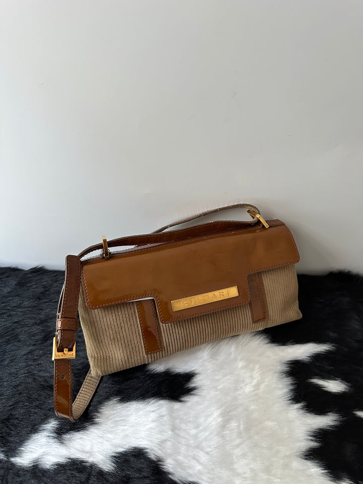 BVLGARI Caramel Corduroy & Patent Leather Shoulder Bag 🤎🍮｜Corduroy Mix × Patent Leather Trim × Compact Chic