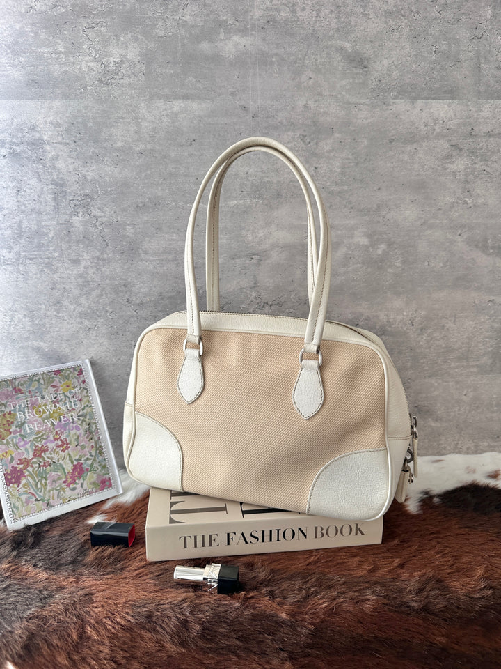 Prada Boston Bag 🤍🤎｜Keylock Detail｜Mixed Leather Trim｜Fits an iPad