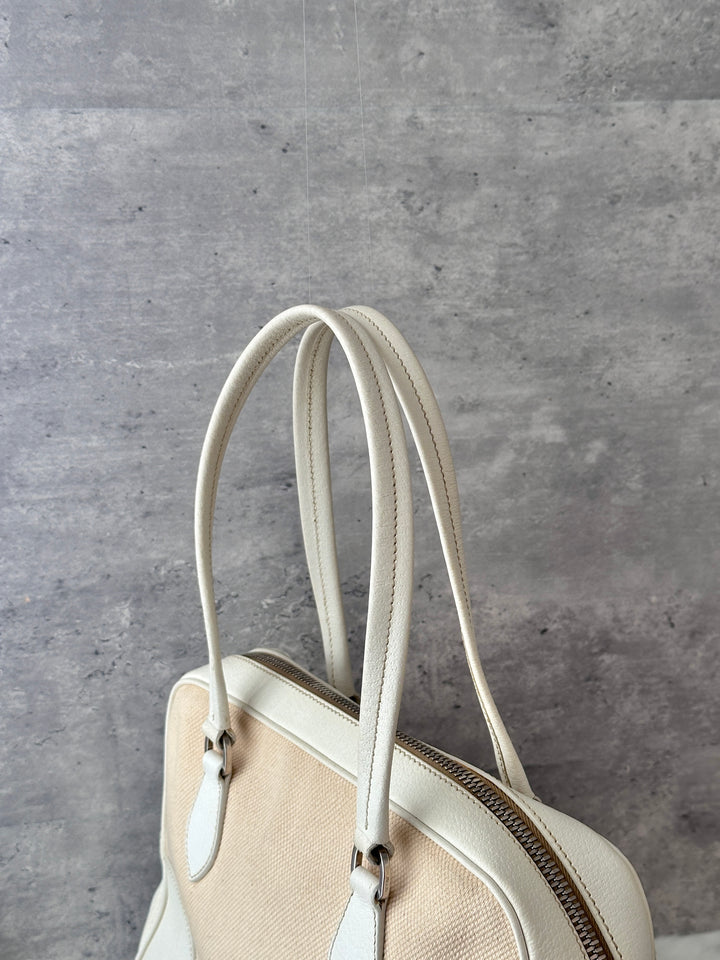 Prada Boston Bag 🤍🤎｜Keylock Detail｜Mixed Leather Trim｜Fits an iPad