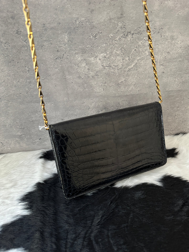 CELINE Planet Crocodile Leather Crossbody 🖤🌍｜Gold Planet Lock × Fishbone Chain × Rare Exotic