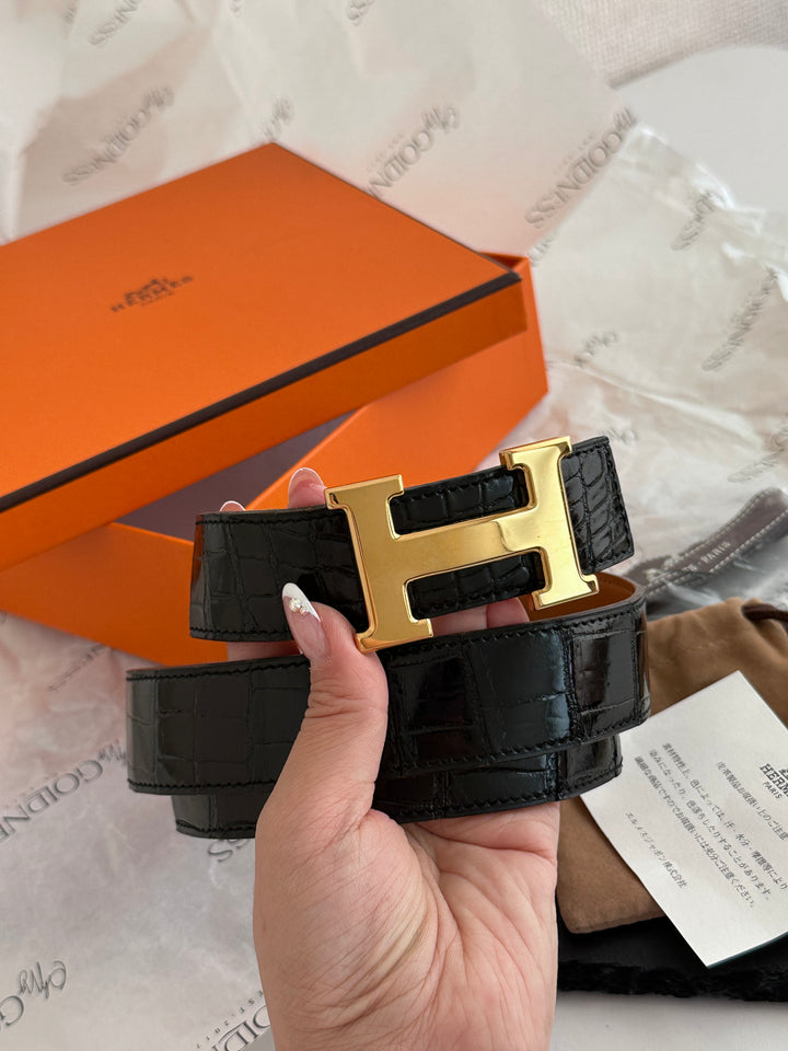 Hermes Constance Belt — Black Crocodile Leather with Gold “H” Buckle 🖤💛 Full Set, Size 80cm
