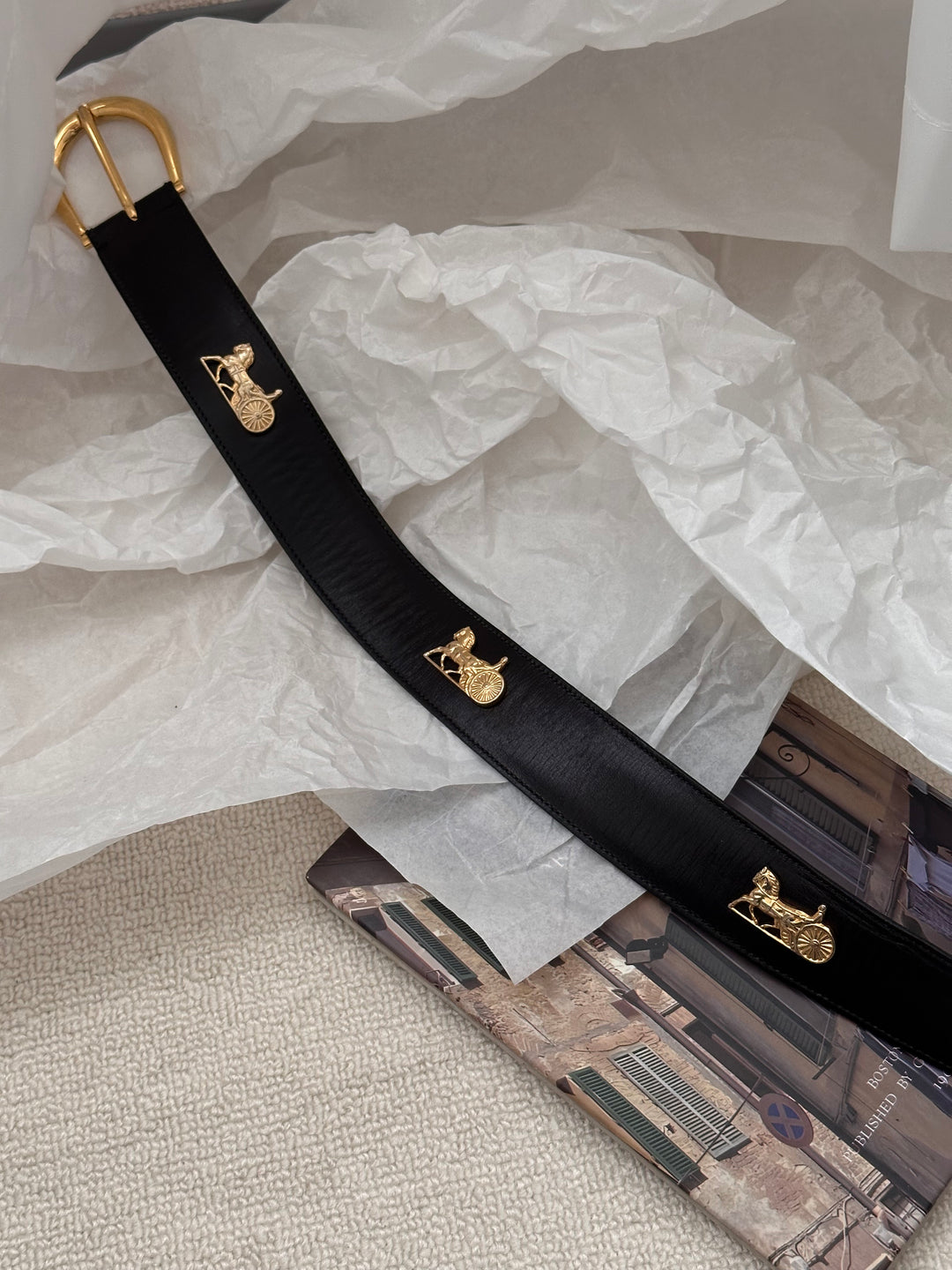 CELINE Carriage Motif Leather Belt 🖤✨ Rare 75cm