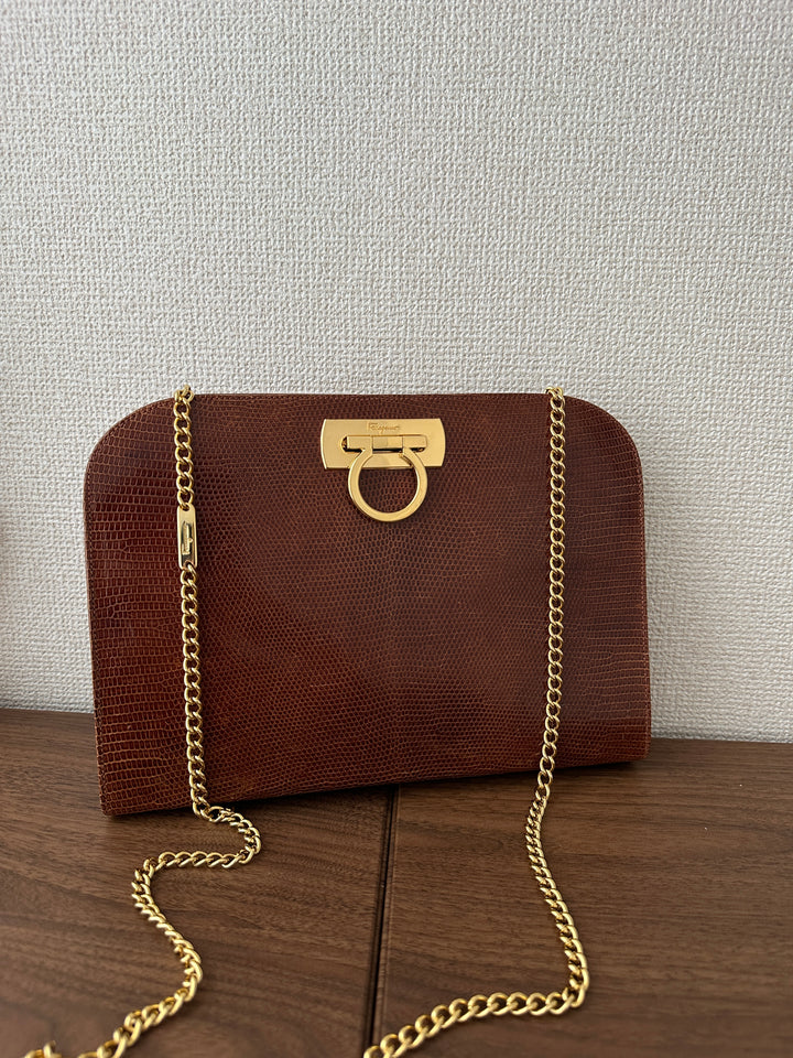 Salvatore Ferragamo Lizard Leather Chain Shoulder Bag 🤎✨ Excellent Condition | Timeless Elegance
