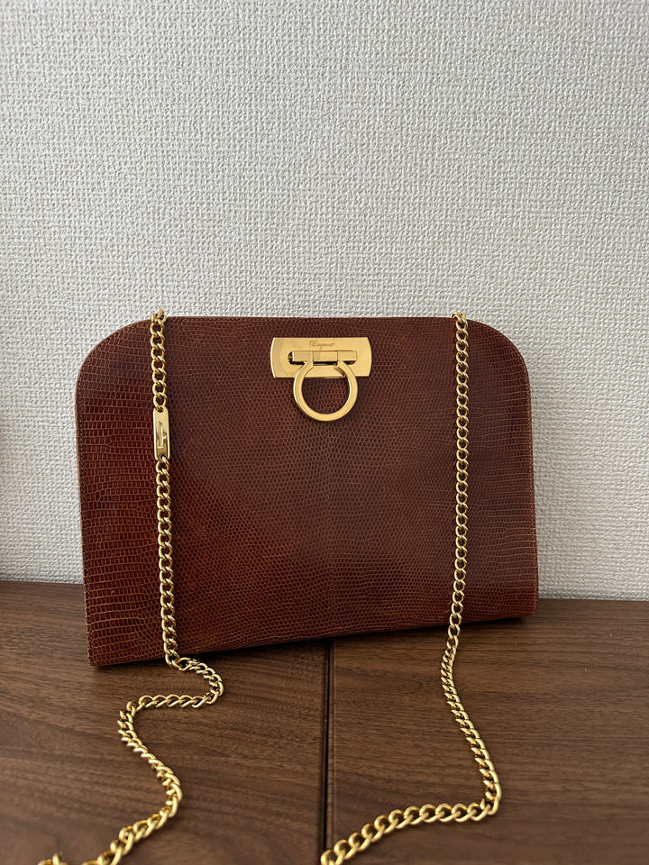 Salvatore Ferragamo Lizard Leather Chain Shoulder Bag 🤎✨ Excellent Condition | Timeless Elegance