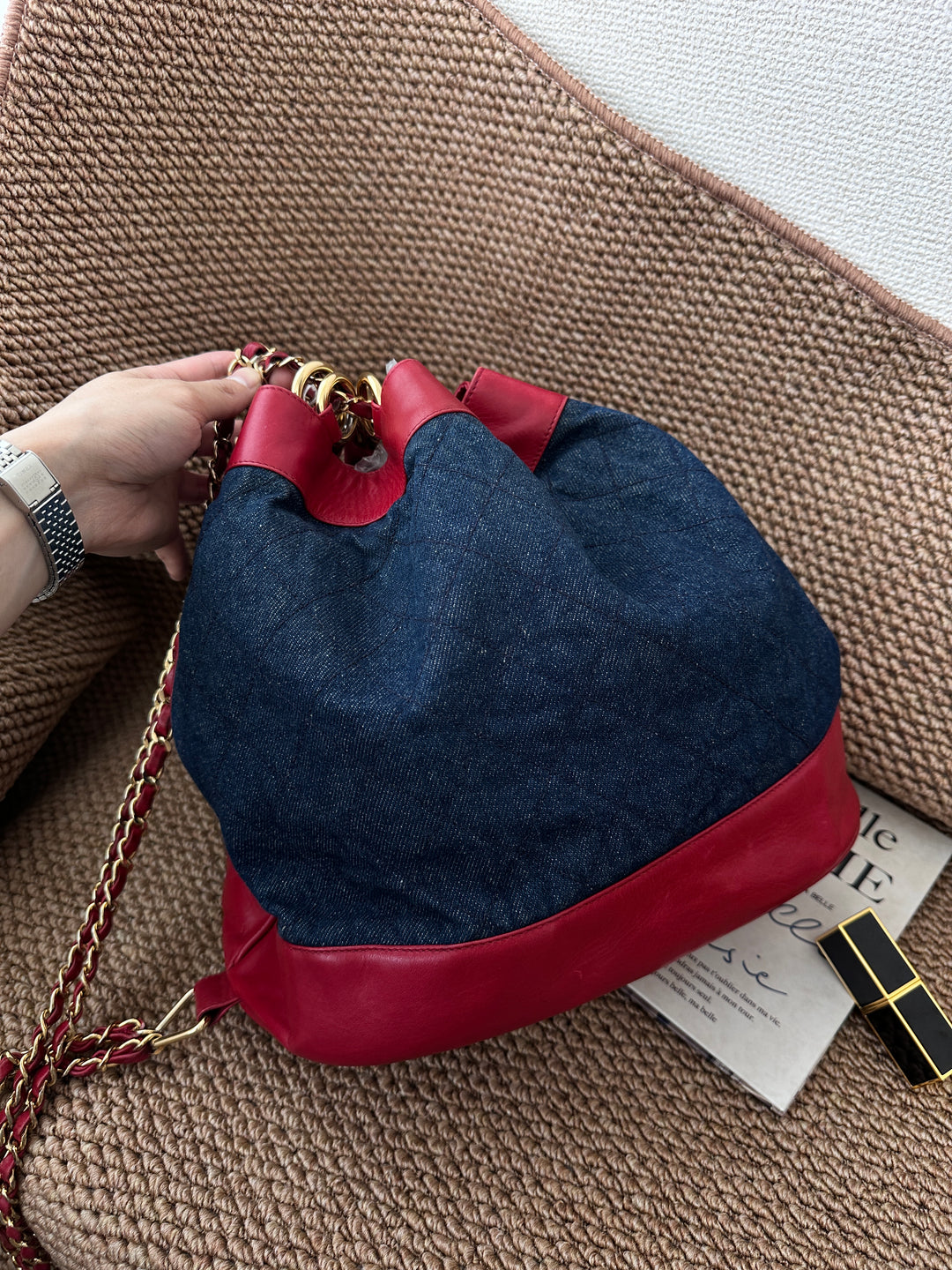 CHANEL Vintage Denim Bucket Backpack — Oversized CC Ring Logo with Red Leather Trim 🔥🖤 Casual Luxe Statement