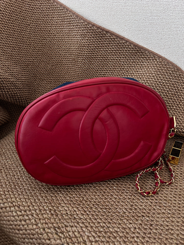 CHANEL Vintage Denim Bucket Backpack — Oversized CC Ring Logo with Red Leather Trim 🔥🖤 Casual Luxe Statement