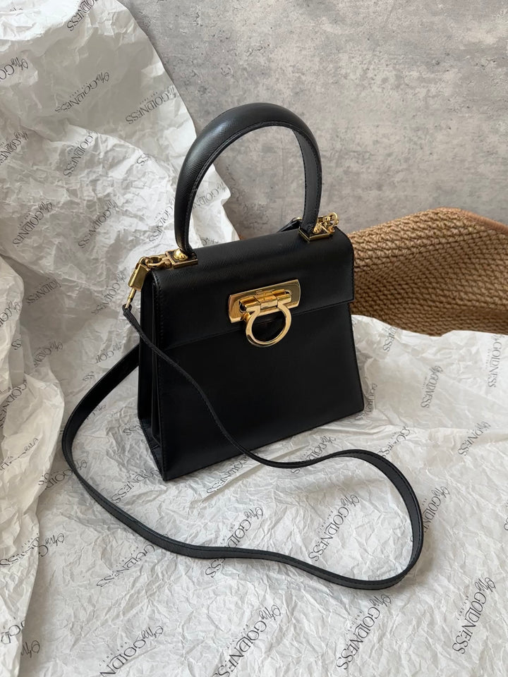 Ferragamo Mini Kelly in Black Textured Leather with Gold Gancini Hardware 🖤✨｜Elegant, Compact &amp; Versatile