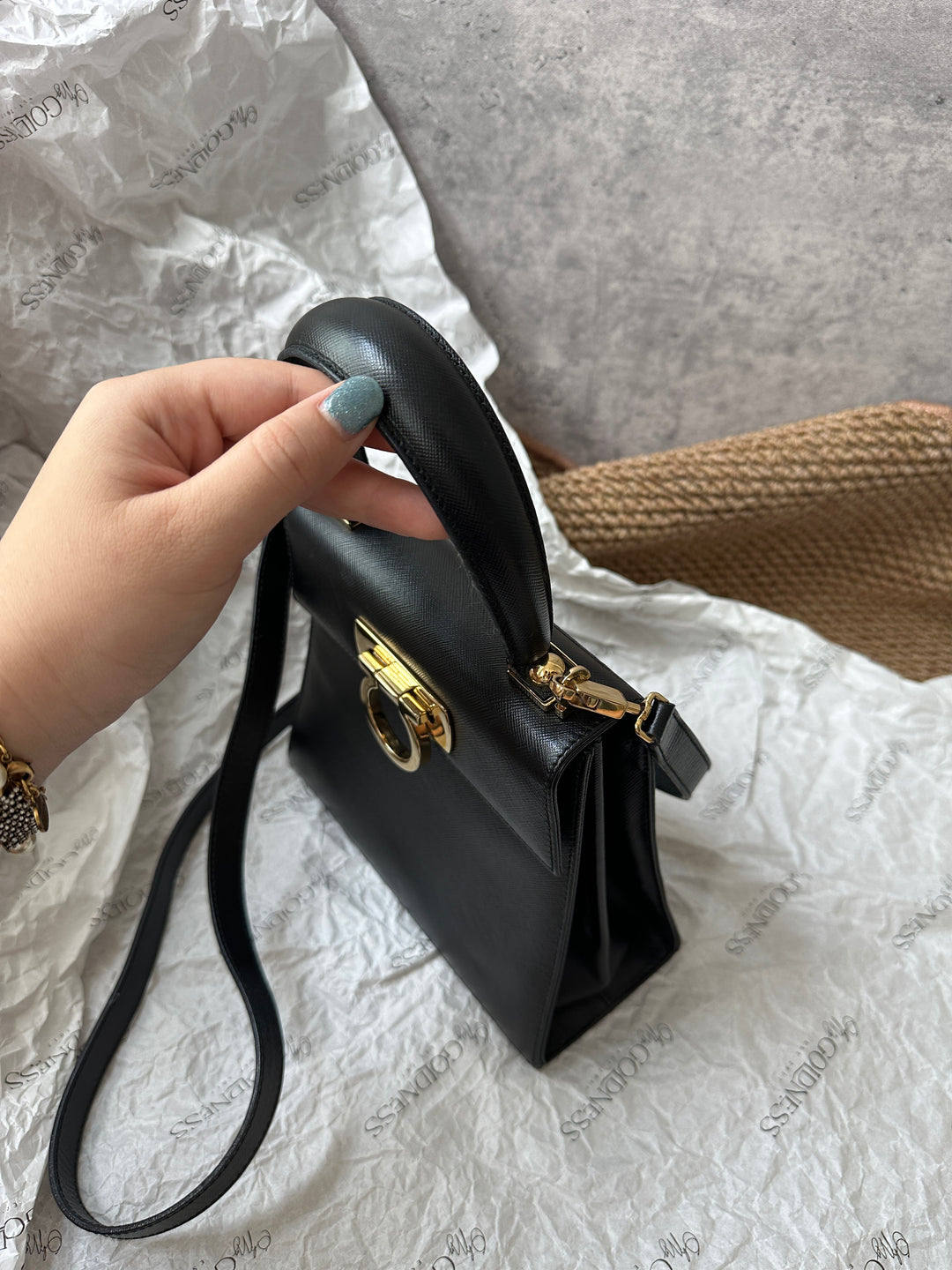 Ferragamo Mini Kelly in Black Textured Leather with Gold Gancini Hardware 🖤✨｜Elegant, Compact &amp; Versatile