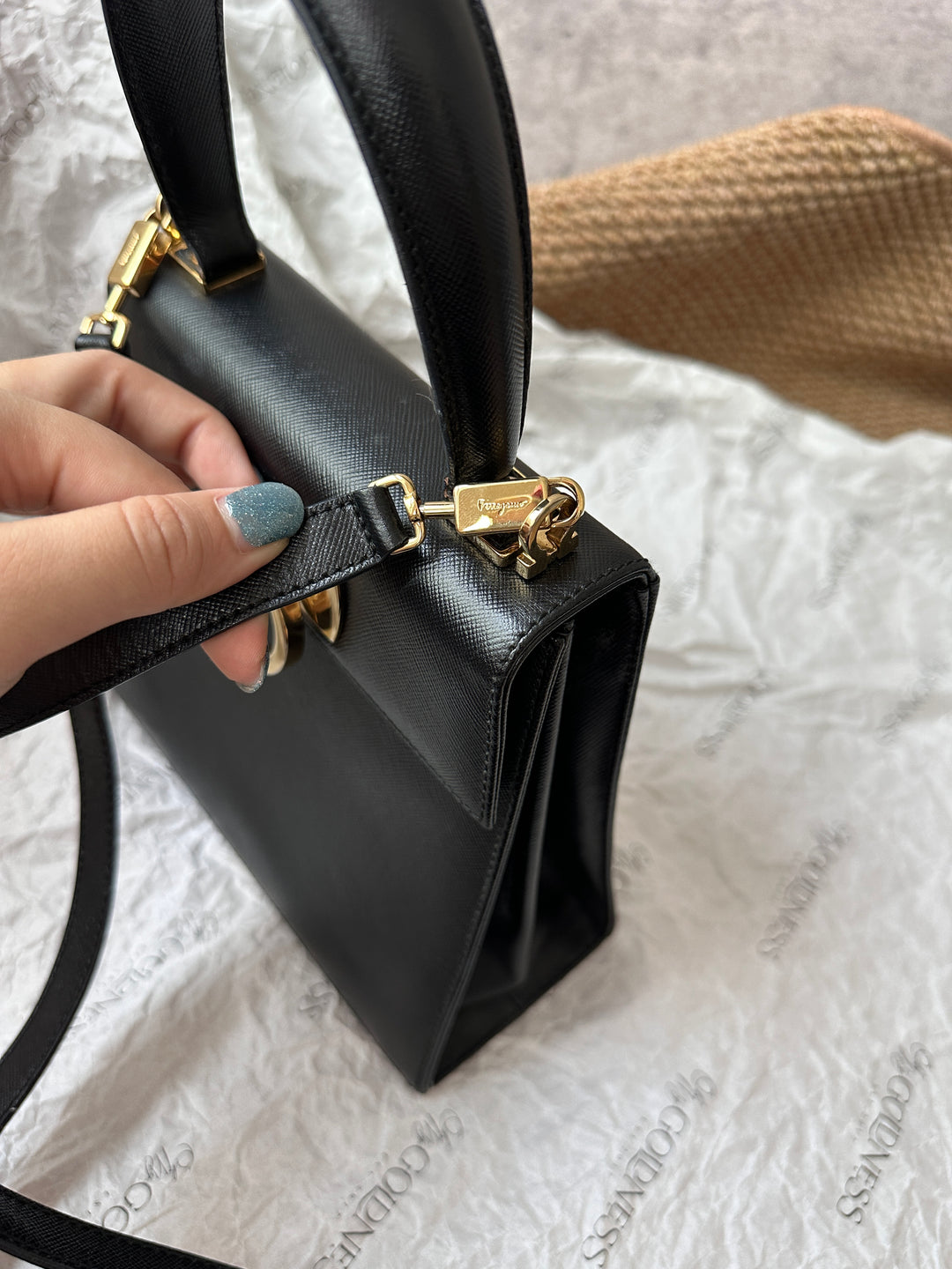 Ferragamo Mini Kelly in Black Textured Leather with Gold Gancini Hardware 🖤✨｜Elegant, Compact &amp; Versatile