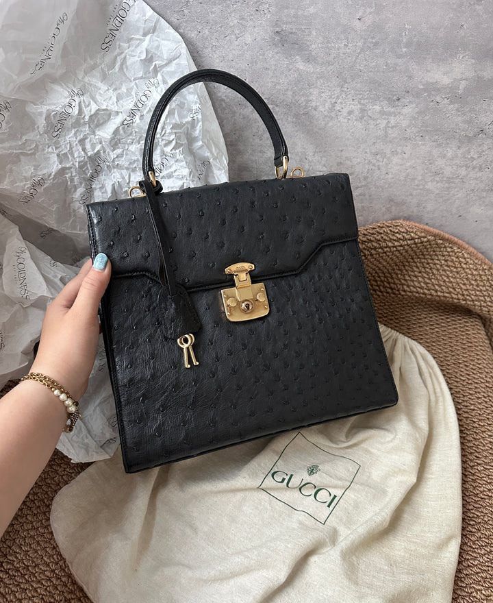 Gucci Black Ostrich Leather Padlock Kelly with Gold Hardware ✨｜Ultra-Rare, Collectible & Elegant