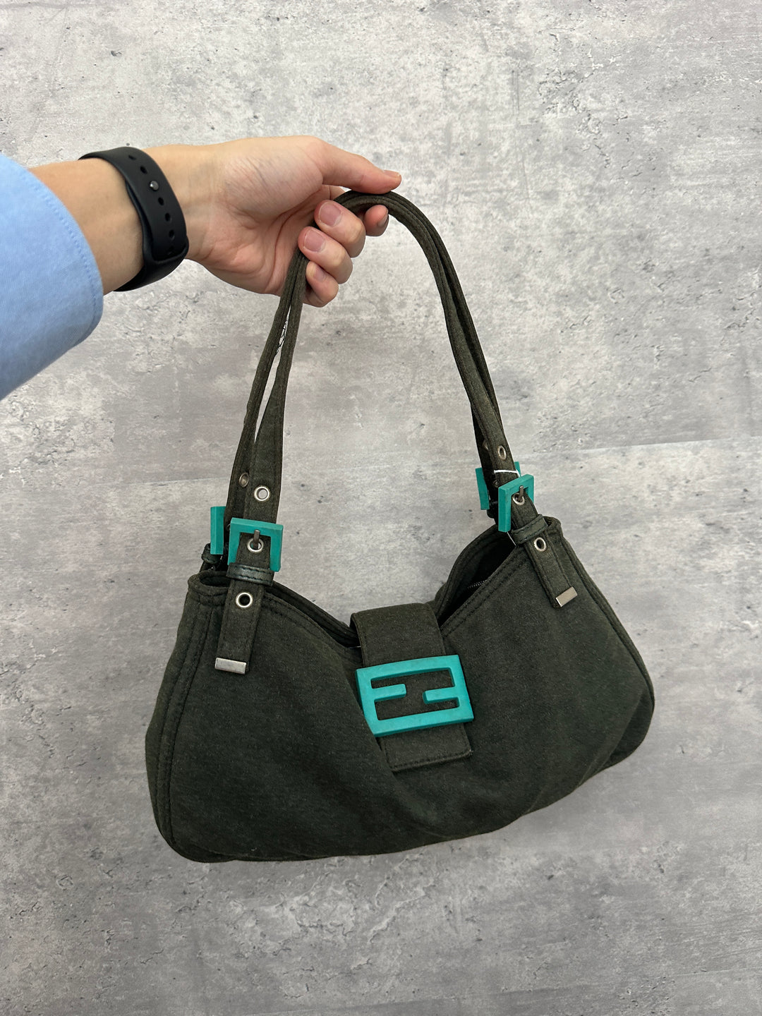 FENDI Wool Hobo Bag with Tiffany Blue Buckle 💚✨ Rare Color Accent