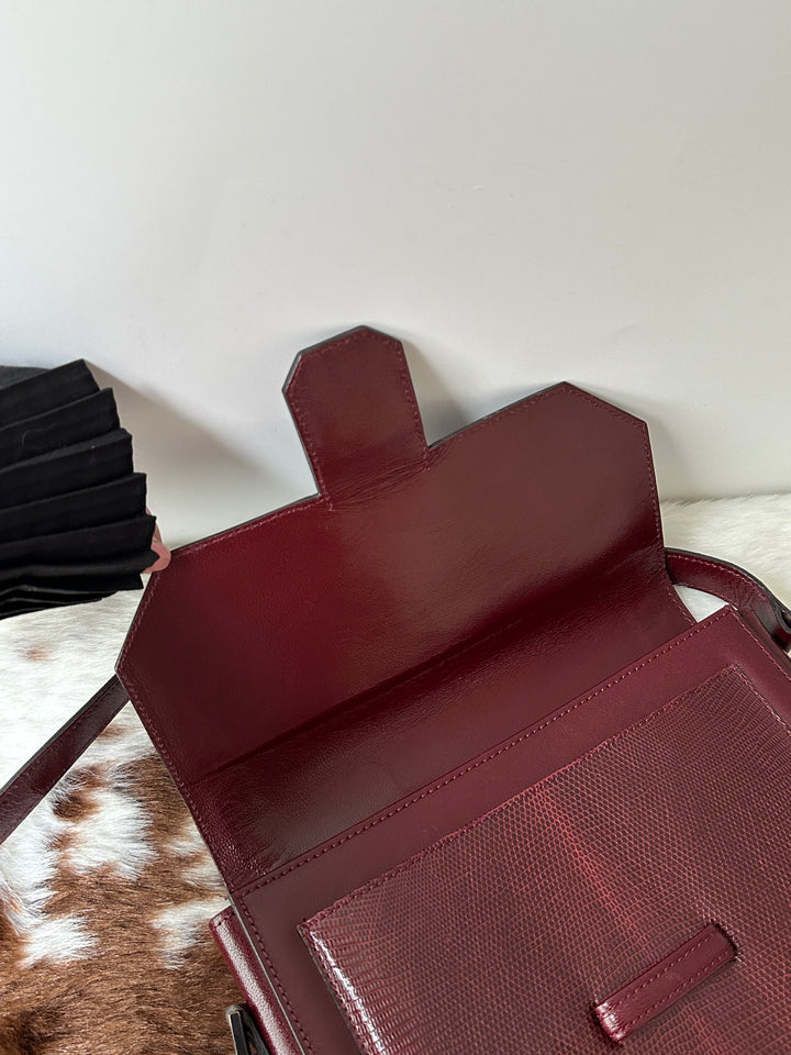 Saint Laurent Lizard Embossed Shoulder Bag ❤️｜Vintage Burgundy Tone・YSL Monogram Interior・Adjustable Strap
