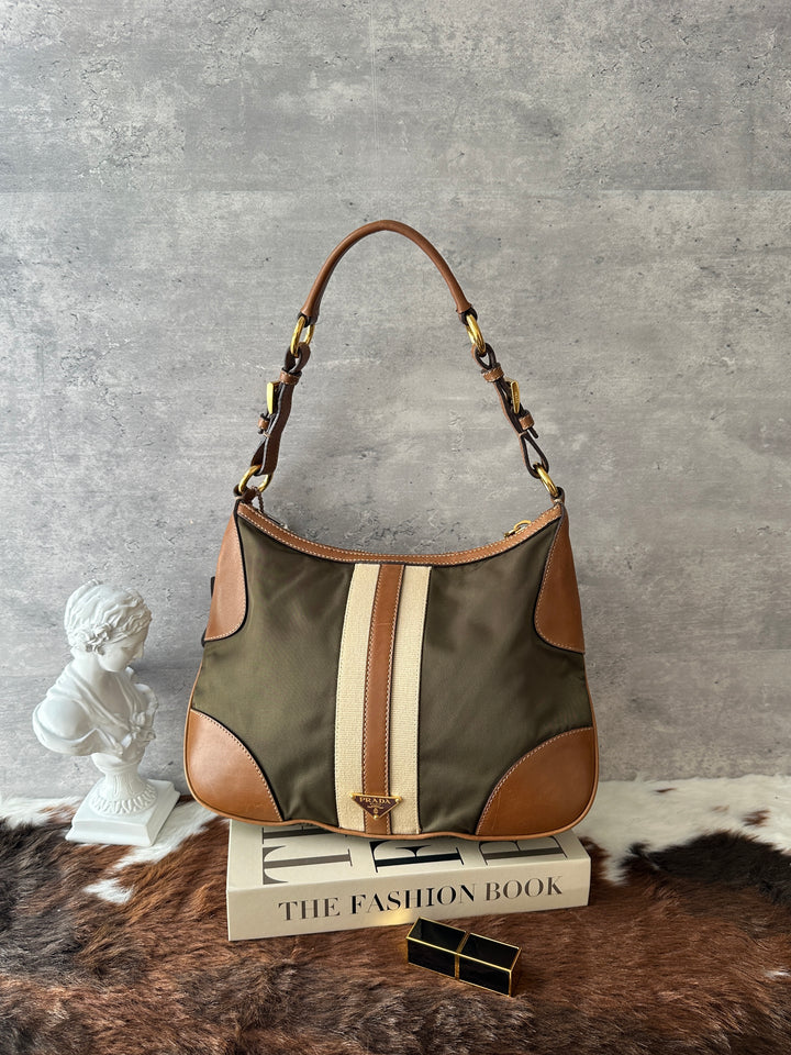 PRADA Double-Face Nylon Hobo Bag 🤎🫒｜Reversible Design｜Nylon and Leather｜Lightweight Carry