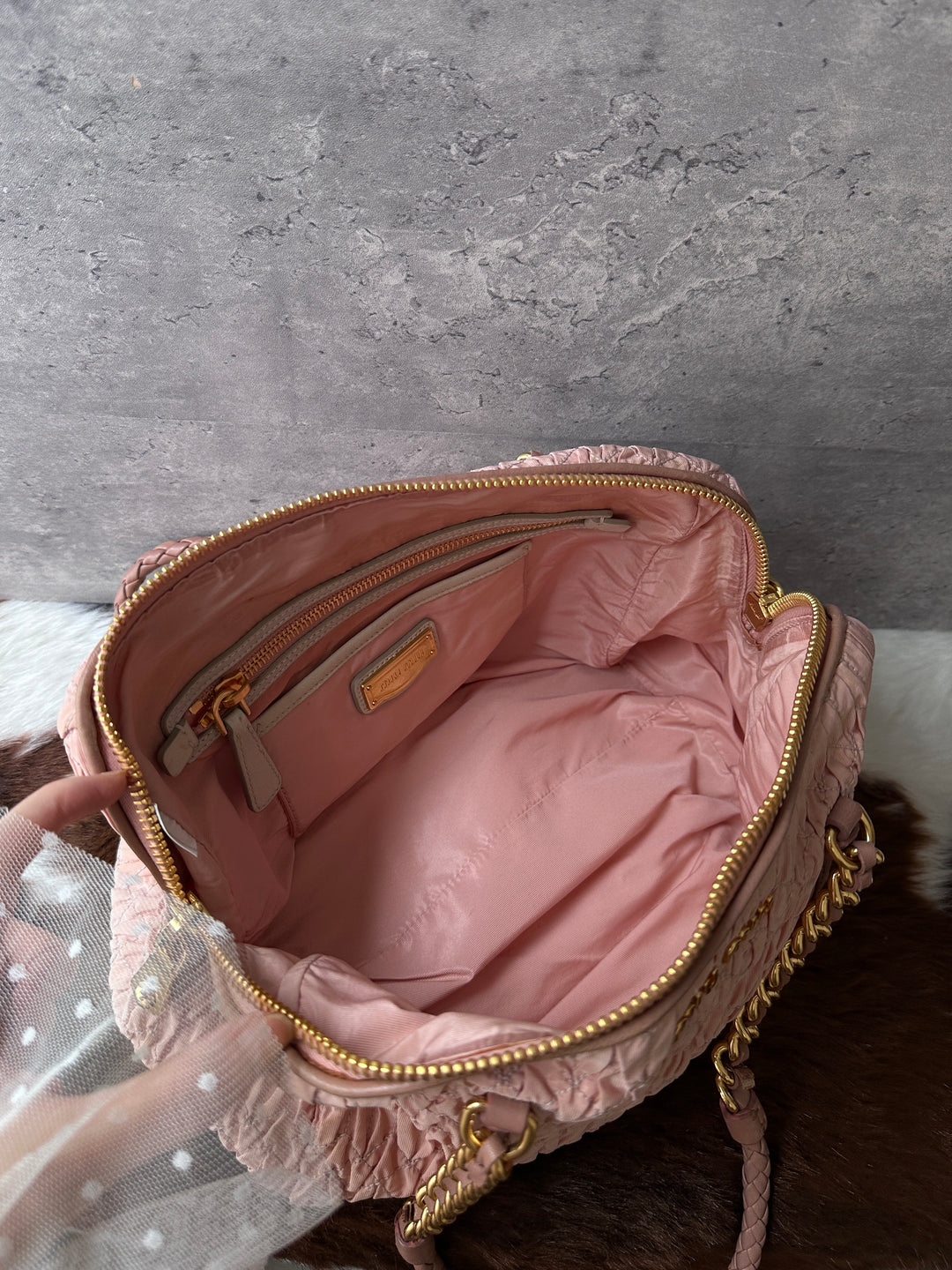 MIU MIU Matelassé Nylon Boston Bag 💖｜Blush Pink Finish｜Chain-and-Braided Handles｜Lightweight Design