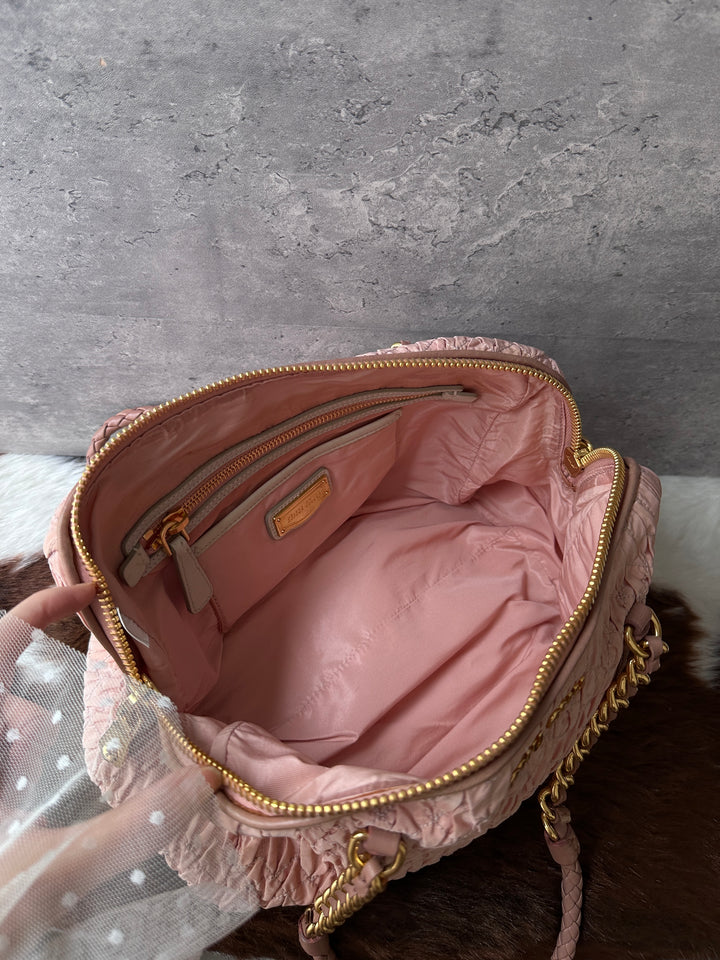 MIU MIU Matelassé Nylon Boston Bag 💖｜Blush Pink Finish｜Chain-and-Braided Handles｜Lightweight Design