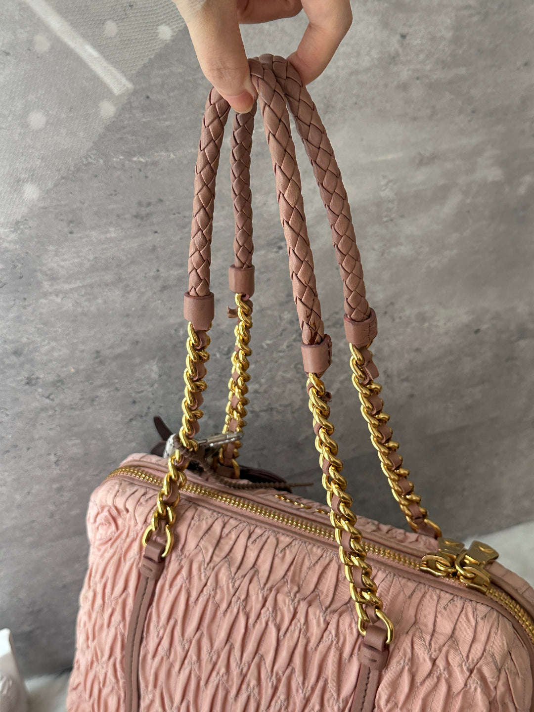 MIU MIU Matelassé Nylon Boston Bag 💖｜Blush Pink Finish｜Chain-and-Braided Handles｜Lightweight Design