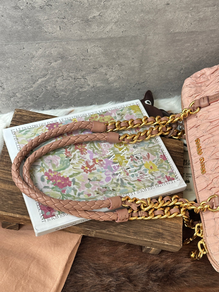 MIU MIU Matelassé Nylon Boston Bag 💖｜Blush Pink Finish｜Chain-and-Braided Handles｜Lightweight Design