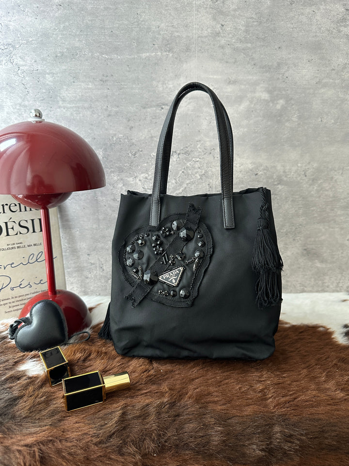 Prada Heart Mini Tote Bag 🖤｜Crystal Heart Appliqué・Tassel Details・Chic All-Black Design