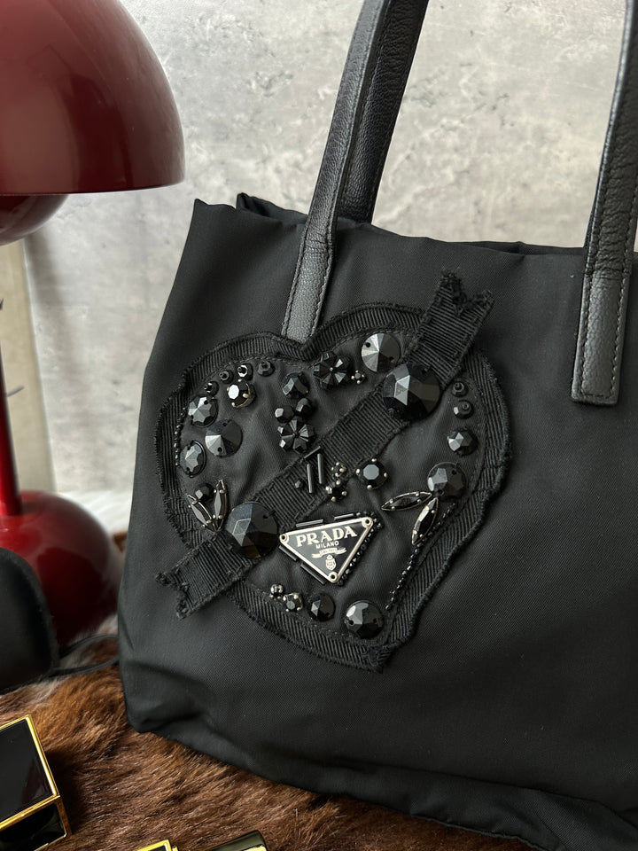 Prada Heart Mini Tote Bag 🖤｜Crystal Heart Appliqué・Tassel Details・Chic All-Black Design