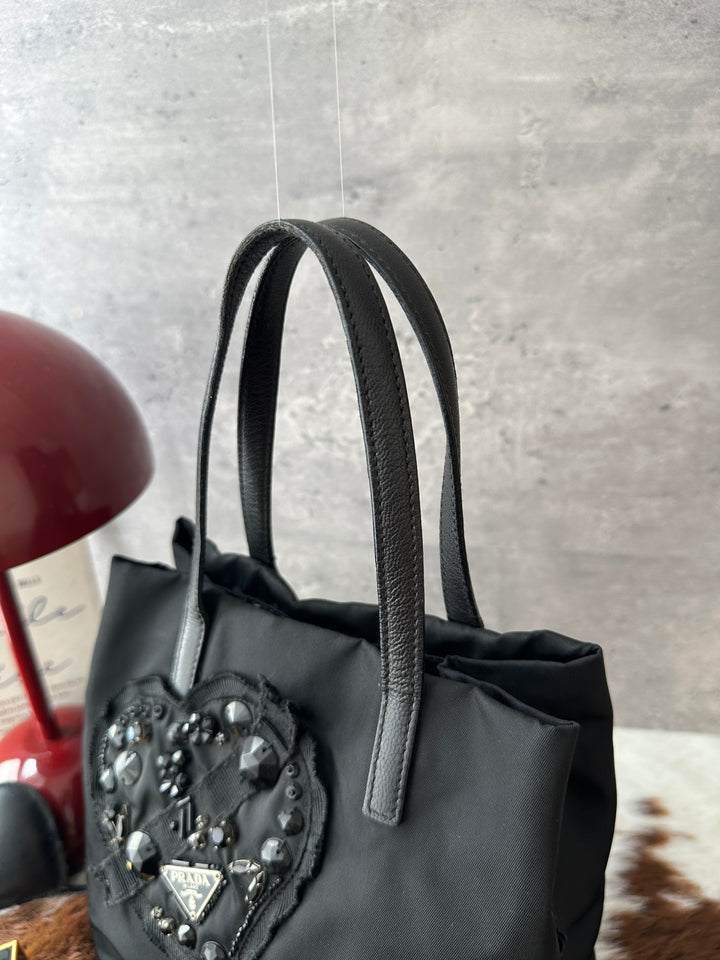 Prada Heart Mini Tote Bag 🖤｜Crystal Heart Appliqué・Tassel Details・Chic All-Black Design