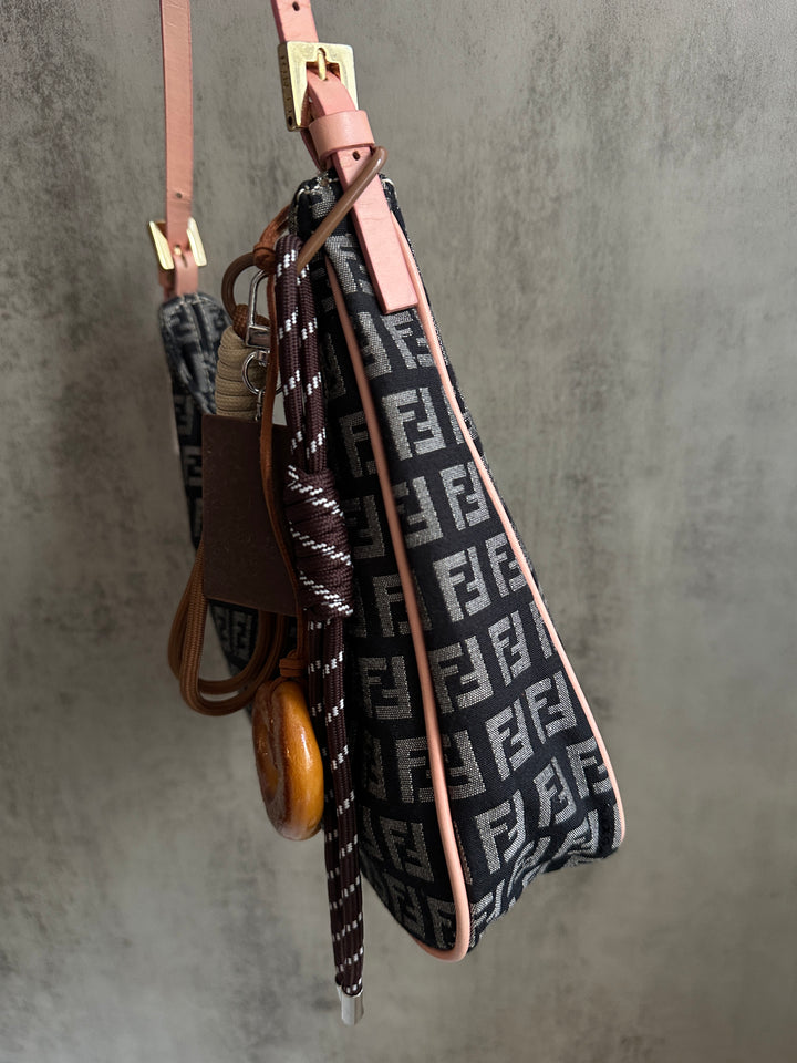 FENDI Zucca Pattern Shoulder Bag 💗｜Pink Leather Trim × Gold Hardware × Logo Canvas