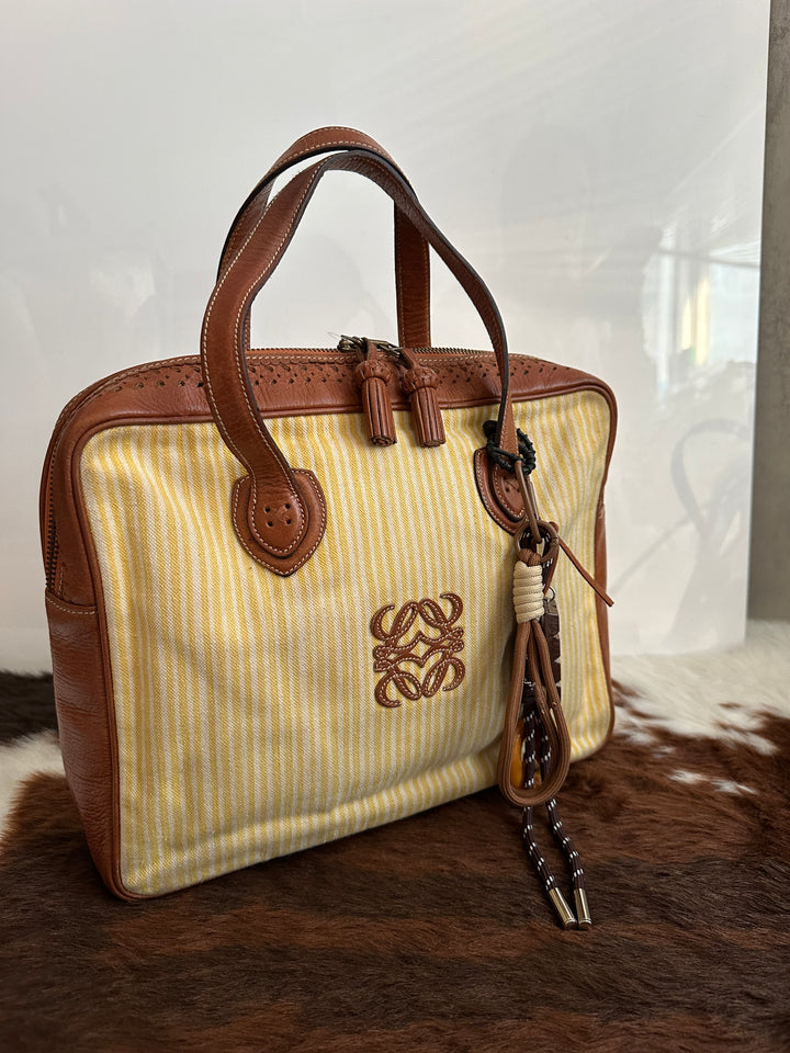 Loewe Striped Canvas & Leather Tote 💛🤎 | Artisanal Craft Meets Everyday Warmth