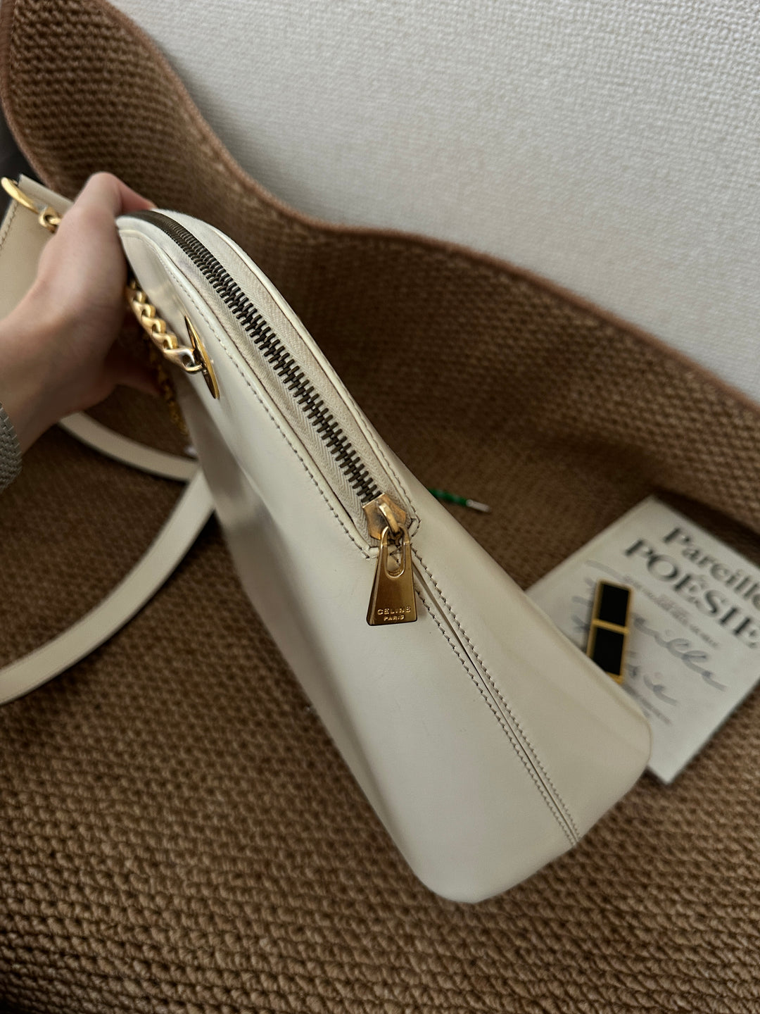CELINE Fishbone Chain Shoulder Bag — Cream 🤍✨ Elegant & Versatile | Fits iPad