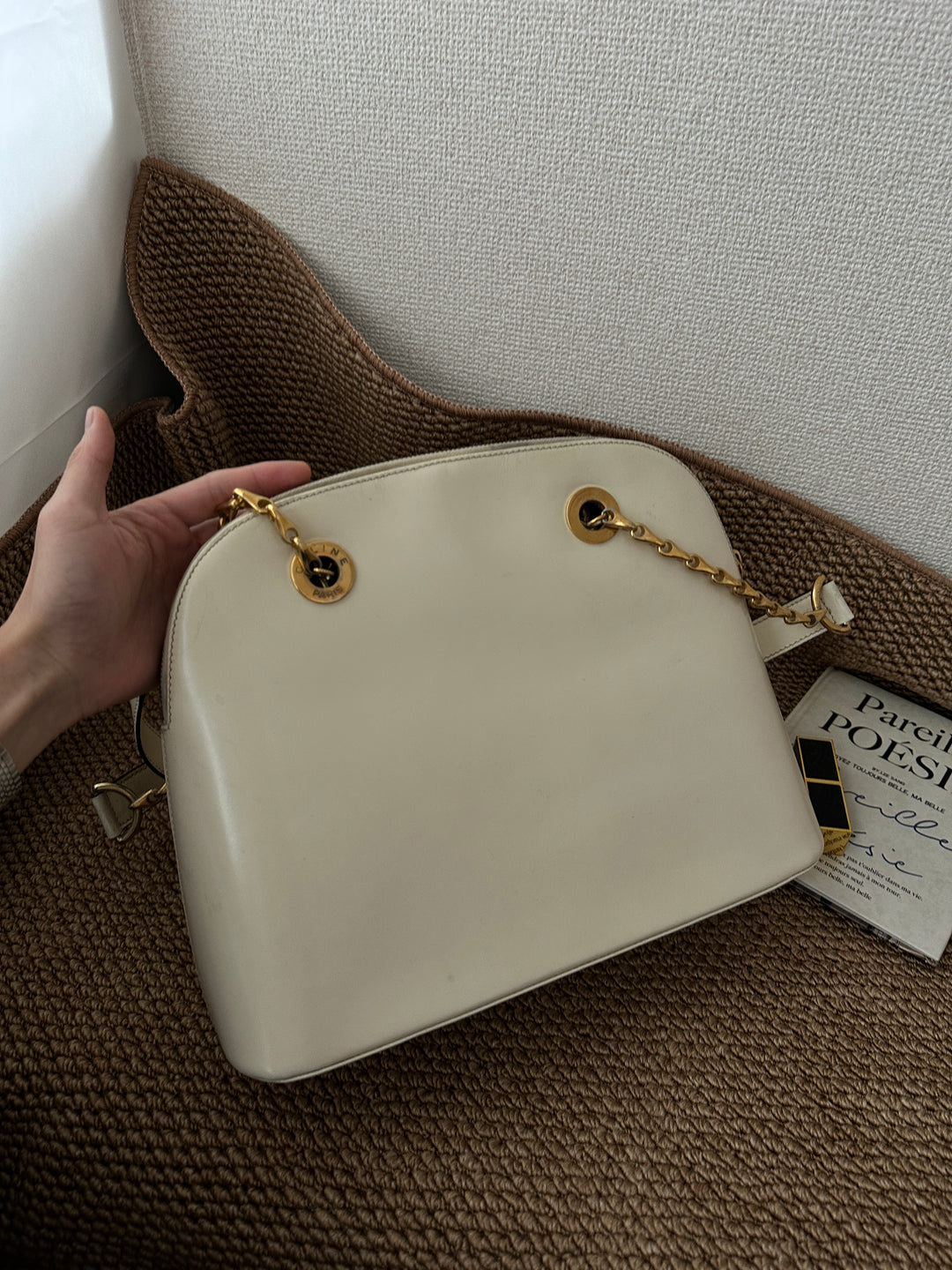 CELINE Fishbone Chain Shoulder Bag — Cream 🤍✨ Elegant & Versatile | Fits iPad