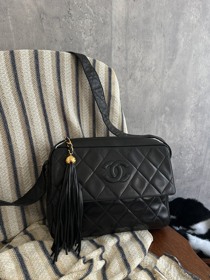 Chanel Vintage Quilted Lambskin Crossbody with Gold Ball Tassel