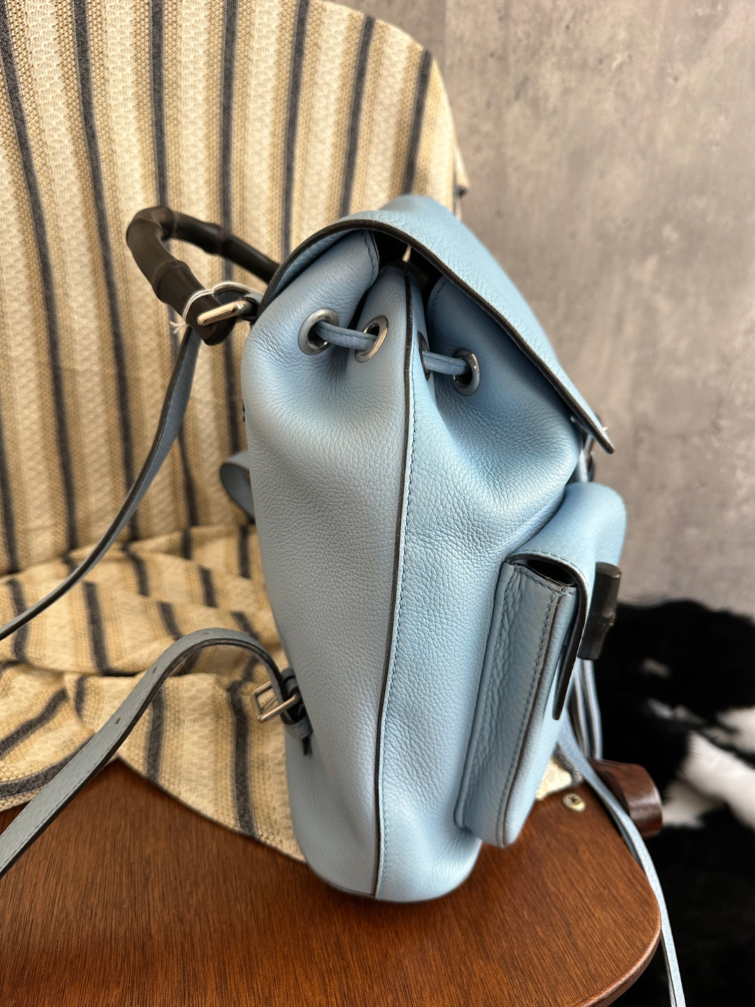 Gucci Bamboo Baby Blue Backpack with Tassels
