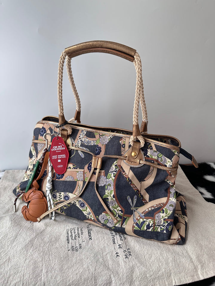 Ferragamo Denim Floral Tote Bag 💙✨｜Denim Patchwork・Floral Print・Large Capacity