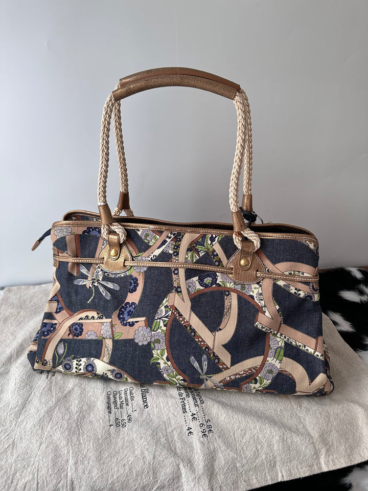 Ferragamo Denim Floral Tote Bag 💙✨｜Denim Patchwork・Floral Print・Large Capacity