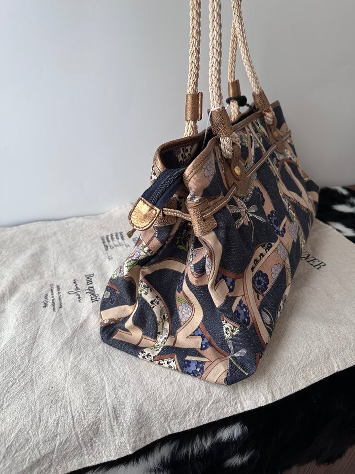 Ferragamo Denim Floral Tote Bag 💙✨｜Denim Patchwork・Floral Print・Large Capacity