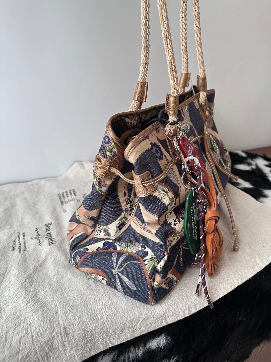 Ferragamo Denim Floral Tote Bag 💙✨｜Denim Patchwork・Floral Print・Large Capacity