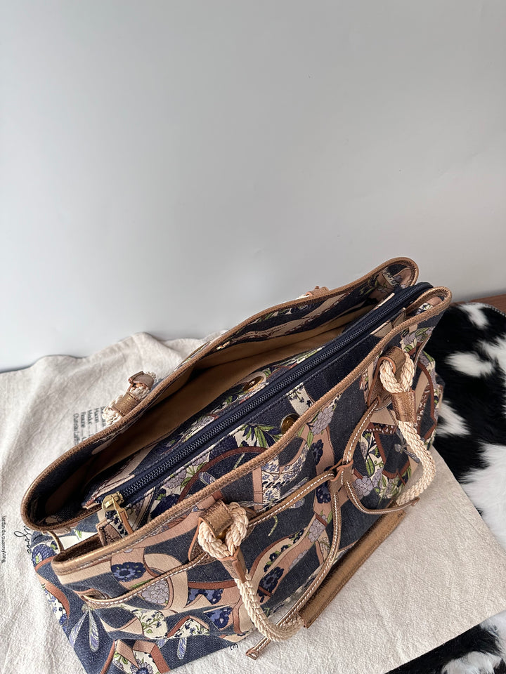 Ferragamo Denim Floral Tote Bag 💙✨｜Denim Patchwork・Floral Print・Large Capacity